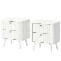 HOMCOM Modern Nightstand Set of 2, Bedside Table with 2 Drawers, Side End Table for Bedroom, Living Room, White Wood Grain(m-2)