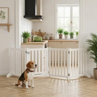 PawHut 23.5"H Foldable Dog Gate with Door, 4 Panels Freestanding Pet Gate Barriers Indoor with Support Feet, Puppy Fence for Dogs, White(m-10)