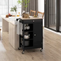 HOMCOM Modern Rolling Kitchen Island Cart with Drawer, Natural Wood Top, Towel Rack, Door Storage Cabinet, Black(m-1)