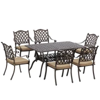 Outsunny 7 Pieces Patio Dining Set with Umbrella Hole, Cast Aluminum Outdoor Patio Furniture Set with 6 Cushioned Chairs and Rectangle Dining Table, for Garden, Lawn, Deck, Khaki(m-2)