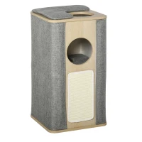 PawHut Wooden Cat Condo 3 Story Barrel Tower w/ Perch Removable Cover Cushions Sisal Scratching Carpet, Grey(m-11)