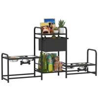 PawHut 3 Height Adjustable Dog Bowl Stand with 2 Feeding Stations, Toy Bin Basket, Black(m-11)