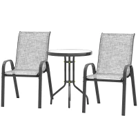 Outsunny 3 Pieces Bistro Set, Small Patio Furniture Set with Stackable Mesh Chairs, Glass Table for Garden, Balcony, Grey(m-2)