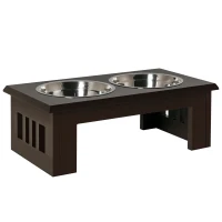 PawHut 10" Height Dog Feeding Station for Messy Pets, Stainless Steel Elevated Dog Bowls with Modern Wooden Frame, Dog Food Stand Pet Feeding Station, Dark Brown(m-1)