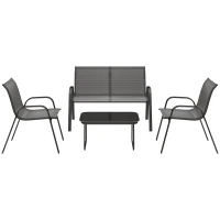 Outsunny 4 Pieces Outdoor Furniture Set with 2 Stackable Chairs, Loveseat, Patio Conversation Set with Glass Coffee Table, Black(m-2)