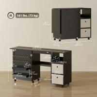 HOMCOM Rolling Sewing Machine Table with Power Outlet, Folding Craft Table with 2 Fabric Drawers, 2 Bins and 18 Pegs, Black(m-3)