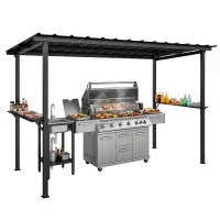 Outsunny 12' x 6' Hardtop Grill Gazebo, BBQ Gazebo with 2 Side Shelves and Galvanized Metal Slope Roof, Black(m-9)