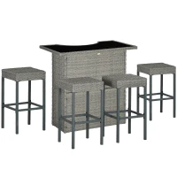 Outsunny 5 Pieces Patio Bar Set, Outdoor PE Rattan Wicker High Top Outdoor Table and Chairs Outdoor Bar Set with Tempered Glass Top Bar Table and Shelves, 4 Bar Chairs, Grey(m-9)
