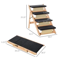 PawHut Wood Pet Stairs 2 In 1 Convertible Dog Steps and Carpeted Ramp Portable Foldable 4 Level Cat Ladder for High Bed Couch Car(m-5)