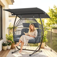 Outsunny Hanging Double Egg Chair Outdoor Egg Swing Chair with Canopy, Cushion, Stand, Dark Grey(m-8)