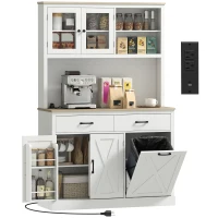 HOMCOM 69" Kitchen Pantry Cabinet with Charging Station Kitchen Cabinet with Microwave Stand 7 Gallon Trash Can Cabinet White(m-9)