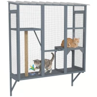 PawHut Wooden Catio Outdoor, Cat Window Box Enclosure for 2-3 Large Cats with 2 Jumping Platforms & Scratching Post, Grey(m-9)