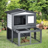 PawHut Wooden 2 Story Rabbit Hutch Bunny Cage with Slide-Out Run, Openable Roof, Lockable Doors, Ramp and No Leak Tray for Outdoor, Grey, and White(m-10)