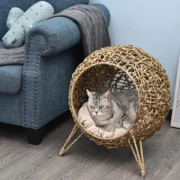 PawHut Rattan Cat House with Cushion, Elevated Wicker Kitten Bed for Indoor Cats, Natural Wood(m-7)