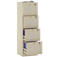 HOMCOM 4 Drawer Filing Cabinet with Lock, Boho File Cabinet for A4 Letter Size Files with Decorative Rattan Accents, Oak(m-9)