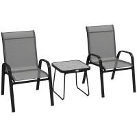 Outsunny Outdoor Bistro Set of 3, 3-Piece Patio Set with Breathable Mesh Fabric, Stackable Chairs and Square Table, Light Grey(m-9)
