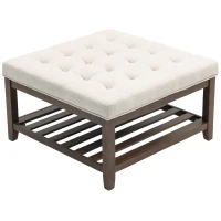 HOMCOM Ottoman Coffee Table, 32 Inch Square Footrest Ottoman with Storage, Linen Upholstered Tufted Footstool, Beige(m-2)