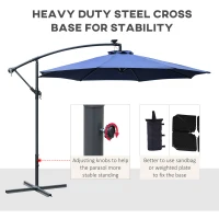 Outsunny 10ft Cantilever Solar Hanging Offset Umbrella Outdoor LED Lights Aluminum Market Banana Parasol Crank w/ Cross Base Garden Sun Shelter Blue(m-6)