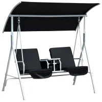 Outsunny Double Outdoor Swing Chair 2 Person Covered Swing Porch Swing w/ Pivot Table and Storage Console, Black(m-2)