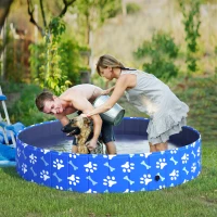 PawHut Foldable Pet Swimming Pool, Portable Dog Bathing Tub, 12" x 63" Plastic Large Dog Pool for Outdoor Dogs and Cats, Blue(m-2)
