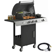 Outsunny 3 Burner Propane Gas Grill with Side Burner, 36,000 BTU BBQ Grill with Cast Iron Grates, Wheels, Warming Rack, Cabinet(m-9)
