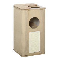 PawHut Wooden Cat Condo 3 Story Barrel Tower w/ Perch Removable Cover Cushions Sisal Scratching Carpet, Brown(m-11)