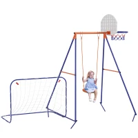 Outsunny Kids Swing Outdoor with Swing Seat, Basketball Hoop and Football Goal, Ground Stakes for 3-8 Years Old(m-9)