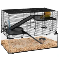 PawHut Hamster Cage, Gerbil Cage with Glass Basin for Small Hamsters, Black(m-9)