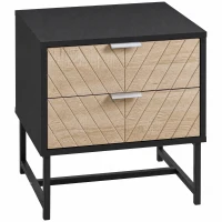 HOMCOM Modern Bedside Table with 2 Drawers and Steel Frame, Sofa Side Table for Bedroom Living Room, Black and Oak(m-9)