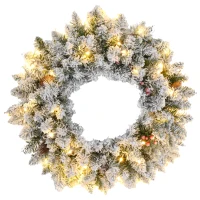 HOMCOM 24" Christmas Front Door Wreath with Lights Flocked Christmas Wreath with Pine Cones and Berries for Windows Green(m-9)