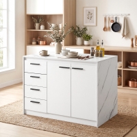 HOMCOM Kitchen Island with Storage Cabinet, 4 Drawers and Adjustable Shelf for Dining Room, Faux Marble Effect and White