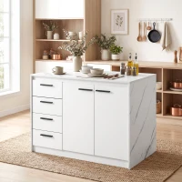HOMCOM Kitchen Island with Storage Cabinet, 4 Drawers and Adjustable Shelf for Dining Room, Faux Marble Effect and White(m-1)