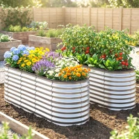 Outsunny 2Pcs Galvanized Raised Garden Bed, 6 x 2 x 2 ft Modular Metal Garden Beds with Rubber Strip Edging, Silver(m-1)