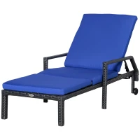 Outsunny Wicker Chaise Lounger PE Rattan Outdoor Lounge Chair Garden Chair Recliner with 5-Level Adjustable Backrest and 2 Wheels, Dark Blue(m-11)