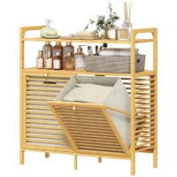 HOMCOM Tilt Out Laundry Hamper, Bamboo Laundry Cabinet with 2 Removable Baskets and 2-Tier Shelves for Laundry Room, Natural(m-2)