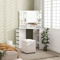 HOMCOM Makeup Vanity Desk with 3-Panel Mirror and 10 LED Lights, Dressing Table with 5 Drawers and Shelves for Bedroom, White(m-1)
