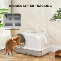 PawHut Cat Litter Box Easy Clean Drawer Odor Control Hooded Cat Litter Tray with Scoop White and Grey(m-5)
