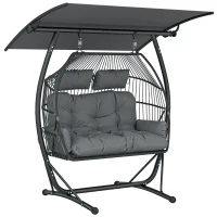 Outsunny Hanging Double Egg Chair Outdoor Egg Swing Chair with Canopy, Cushion, Stand, Dark Grey(m-9)