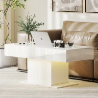 HOMCOM Extendable Coffee Table with LED Lights, Modern High Gloss Center Table with Hidden Storage for Living Room, White(m-9)