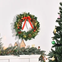 HOMCOM Christmas Wreath 24" Pre-Lit Artificial Greenery Xmas Spruce Wreath Cones Red Berries 20 LED Lights Battery Operated(m-7)