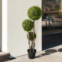HOMCOM 45 Inch Potted Fake Plant, Artificial Boxwood Topiary Tree, Triple Ball Tree for Indoor and Outdoor, Green(m-7)