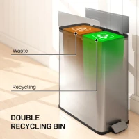 HOMCOM Dual Trash Can with Soft-Close Lid, Garbage Can with Removable Inner Bucket for Kitchen 2 x 7.4 Gal (2 x 28 L), Silver(m-4)