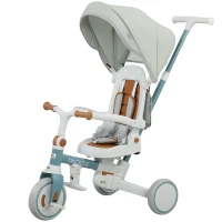 Qaba 9 in 1 Toddler Tricycle with Safety Harness, Adjustable & Removable Parent Handle, Canopy, Storage Bag, Brake, Blue(m-2)
