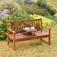 Outsunny Wooden Garden Bench with Pullout Middle Table, Outdoor Loveseat, Patio Bench for Lawn, Yard, Deck and Backyard, Dark Coffee(m-1)