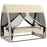 Outsunny 3-Seater Outdoor Swing Chair Chaise Lounger Bed Garden Hammock with Steel Stand, Canopy Netting Walls, Beige(m-9)