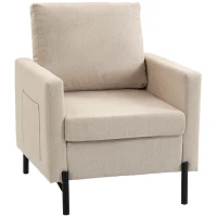 HOMCOM Accent Chair Modern Upholstered Armchair with Side Pockets and Cushion for Bedroom, Living Room, Beige(m-9)