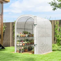 Outsunny Walk-in Mini Greenhouse with Shelves, Portable Outdoor Greenhouse with Roll-up Door, 48.4" x 73.6" x 74.4", White(m-1)