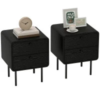 HOMCOM Modern Bedside Tables Set of 2, 2 Pieces Nightstands with 2 Storage Drawers and Steel Legs for Bedroom, Black Wood Grain(m-9)