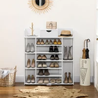 HOMCOM 7-Tier Shoe Rack, Shoe Storage Organizer with Drawer and 11 Open Shelves for 17 Pairs of Shoes, Space Saving Shoe Shelf for Hallway and Living Room, White(m-6)