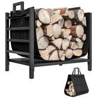 Outsunny Outdoor Firewood Rack with Log Carrier, Heavy Duty Steel Wood Log Storage Stacker for Fireplace, Black(m-9)